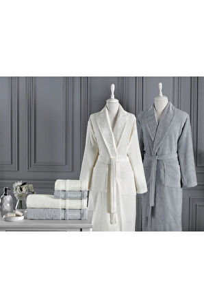 Özdilek Dori Aile Bornoz Seti 6 Parça Krem-Gri