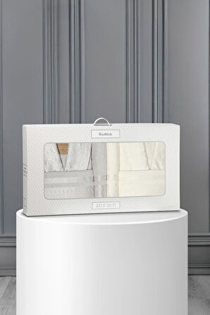 Özdilek Dori Aile Bornoz Seti 6 Parça Krem-Gri