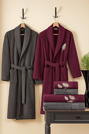 Özdilek Palmy Aile Bornoz Seti 6 Parça Antrasit-Mürdüm