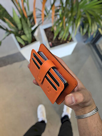 VİSSO 8600 Turuncu Napa Hakiki Deri Çıtçıtlı Akordeon Kartlık Akordeon Kimlik Bölmeli Kişiye İsme Özel Erkek Kadın Çanta TURUNCU RENK