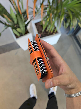 VİSSO 8600 Turuncu Napa Hakiki Deri Çıtçıtlı Akordeon Kartlık Akordeon Kimlik Bölmeli Kişiye İsme Özel Erkek Kadın Çanta TURUNCU RENK