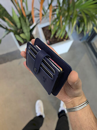 VİSSO 8600 Hakiki Deri Çıtçıtlı Akordeon Kartlık Akordeon Kimlik Bölmeli Kişiye İsme Özel Erkek Kadın Çanta LACİVERT RENK