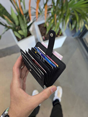 VİSSO 8600 SİYAH GUTTY Hakiki Deri Çıtçıtlı Akordeon Kartlık Akordeon Kimlik Bölmeli Kişiye İsme Özel Erkek Kadın Çanta SİYAH RENK