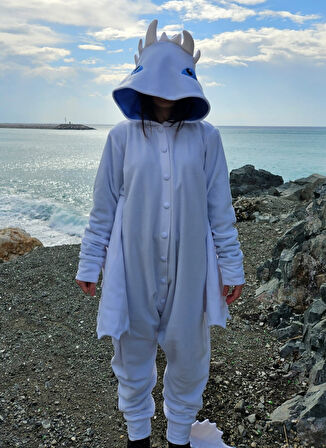 Işığın Öfkesi Ejderha Kostümü Yetişkin | Beyaz Ejderha Pijama Tulum Kostüm