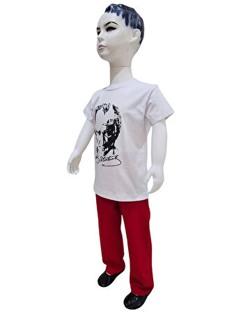 Atatürk Baskılı Beyaz Tişört Kırmızı Pantolon Takım