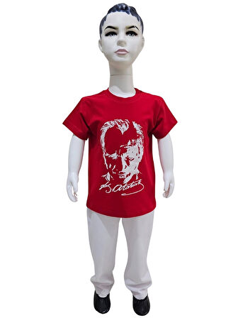 Atatürk Baskılı Kırmızı Tişört Beyaz Pantolon Takım