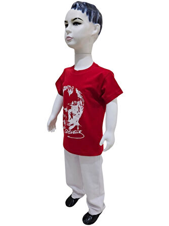 Atatürk Baskılı Kırmızı Tişört Beyaz Pantolon Takım