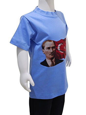 Ay Yıldızlı Atatürk Baskılı Mavi Tişört