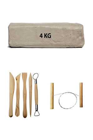 Beyaz Seramik Hamuru 4 kg Seramik Çamuru Ebeşuar Seti 5'li Çamur Kesme Teli Seramik Seti