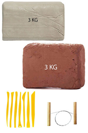Kahve Çamur 3 Kg Kırmızı Kil Seramik Hamuru Beyaz Kil 3 Kg Plastik Ebeşuar Seti Çamur Kesme Teli