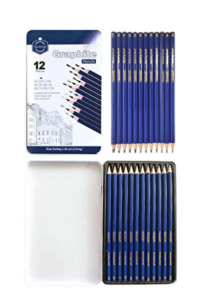 Karakalem Çizim Seti Metal Kutulu Eskiz Seti 12 Dereceli Kalem Hamur Silgi Pastel Dağıtıcı