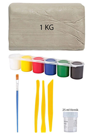 Beyaz Seramik Hamuru 1 Kg Kil Plastik Ebeşuar Seti 6x15 ml Akrilik Set 25 ml Partlatma Verniği