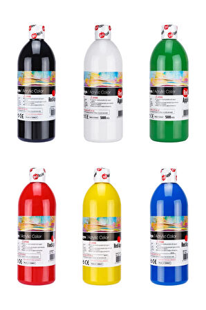 6 x 500 gr Akrilik Boya Seti Karışık Renkler 6 Ana Renk Canlı Renkler Ahşap Boyama Tuval Boyama