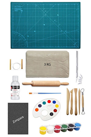 Beyaz Seramik Hamuru 3 kg Çift Taraflı A3 Kesim Matı Kretuar Seti Ebeşuar Seti 6x15 ml Akrilik Seti