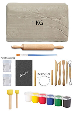 Beyaz Seramik Hamuru 1 Kg Kil Ebeşuar Seti 6x15 ml Akrilik Set 50 ml Vernik Ahşap Merdane Zımpara