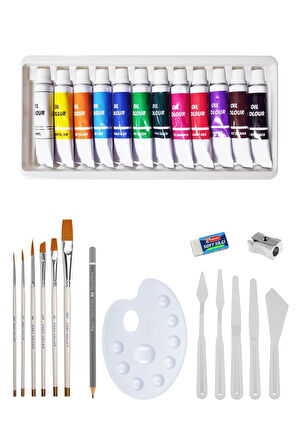 Red Apple Yağlı Boya Seti Karışık Fırça Seti Plastik Spatula Seti Dereceli Kalem Resim Paleti