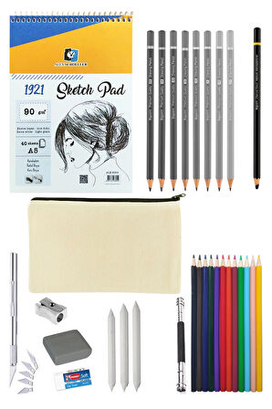 Alex Schoeller A5 Eskiz Defteri 90g Canvas Bez Çantalı Eskiz Seti Kuruboya 12li Karakalem Çizim Seti