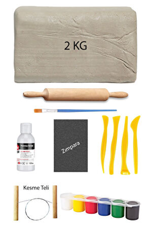 Beyaz Seramik Hamuru 2 Kg Kil Ebeşuar Seti 6x15 ml Akrilik Set 100 Cc Vernik Ahşap Merdane Zımpara