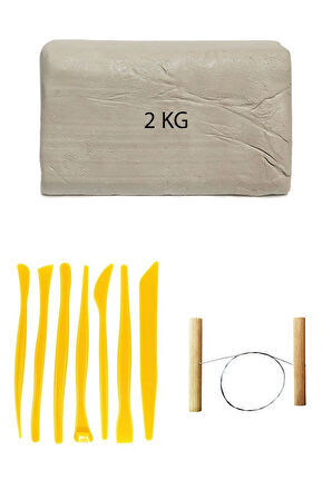 Beyaz Seramik Hamuru 2 kg Plastik Ebeşuar Seti Kil Seti Seramik Çamuru Çamur Kesme Teli Seramik Kili