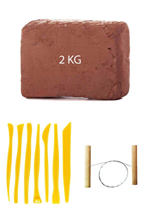 Kahve Çamur Kırmızı Kil Seramik Hamuru 2 kg Plastik Ebeşuar Seti 7 Parça Çamur Kesme Teli