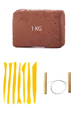 Kahve Çamur Kırmızı Kil Seramik Hamuru 1 kg Plastik Ebeşuar Seti 7 Parça Çamur Kesme Teli