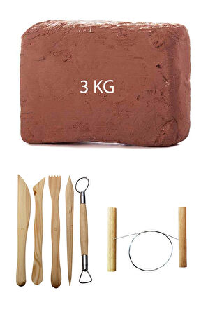 Kahve Çamur Kırmızı Kil Seramik Hamuru 3 kg Ebeşuar Seti Seramik Çamur Kesme Teli