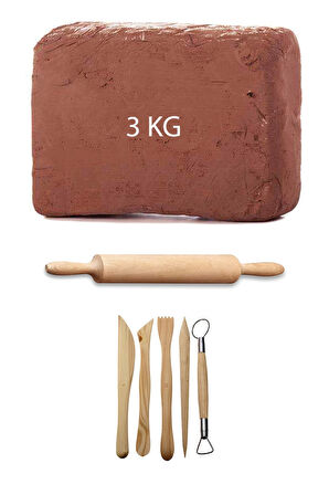 Kahve Çamur Kırmızı Kil Seramik Hamuru 3 kg Ebeşuar Seti Ahşap Merdane Seramik Set