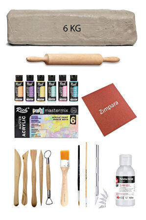 Beyaz Seramik Hamuru 6 Kg Kil Ebeşuar Set Mastermix Pastel Akrilik Set Parlak Vernik Merdane Kretuar