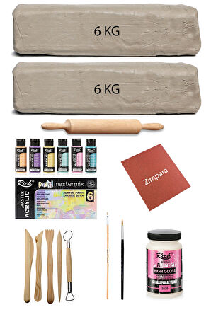 Beyaz Seramik Hamuru 12 Kg Kil Ebeşuar Seti Mastermix Pastel Akrilik Set Parlak Vernik Ahşap Merdane