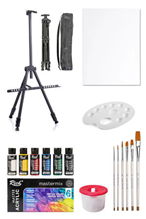 Rich Mastermix Akrilik Boya Seti 6x60cc Ana Renk 3 Ayaklı Şövale 35x50 Tuval Seti Metal Şövale Seti