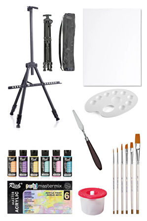 Rich Mastermix Akrilik Boya Seti 6 Pastel Renk 3 Ayaklı Şövale 35x50 Tuval Metal Şövale Metal Spatül