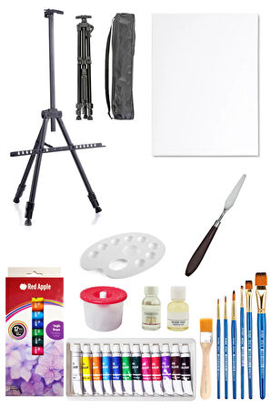 Red Apple 3 Ayaklı Şövale Seti Red Apple Tüp Yağlı Boya Seti 12LI Metal Şövale 35X50 Tuval Seti Metal Spatül