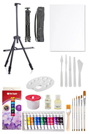 3 Ayaklı Şövale Seti Red Apple Yağlı Boya Seti 12li Metal Şövale 35x50 Tuval Plastik Spatül Seti