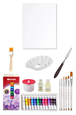 Red Apple Tüp Yağlı Boya Seti 12 Ml 12'li 35x50 Tuval Seti Metal Spatül Zemin Fırça Resim Paleti