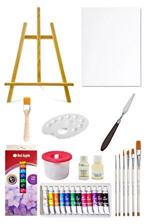 Masaüstü Şövale Seti 60 Cm Red Apple Tüp Yağlı Boya Seti 12 ml 12li 35x50 Tuval Seti Metal Spatül