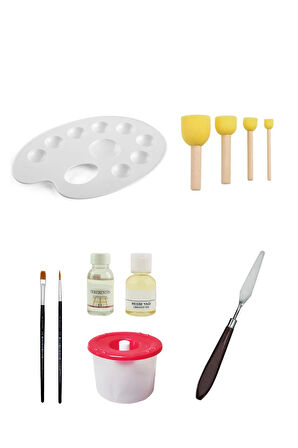 Resim Paleti 19 Cm Ponpon Fırça Seti Düz Yuvarlak Fırça Resim Yağı Terebentin Su Kabı Metal Spatül