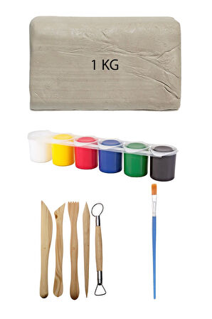 Beyaz Seramik Hamuru 1 kg Kil Ebeşuar Seti 6x15 ml Akrilik Seti Düz Fırça Seramik Kili Oyun Hamuru