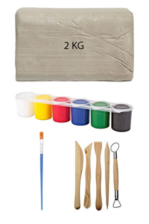 Beyaz Seramik Hamuru 2 kg Kil Ebeşuar Seti 6x15 ml Akrilik Seti Düz Fırça Seramik Kili Oyun Hamuru