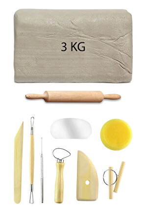 Beyaz Seramik Hamuru 3 kg Seramik Başlangıç Seti 8 Parça Mini Ahşap Merdane