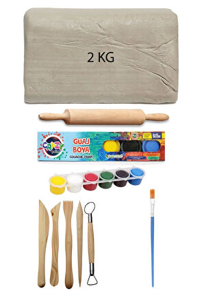 Beyaz Seramik Hamuru 2 kg Kil Ebeşuar Seti 6x15 ml Guaj Seti Seramik Kil Ahşap Merdane Oyun Hamuru