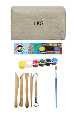 Beyaz Seramik Hamuru 1 kg Kil Ebeşuar Seti 6x15 ml Guaj Boya Seti Düz Fırça Seramik Kili Oyun Hamuru