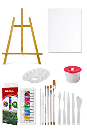 Masaüstü Şövale Red Apple Akrilik Boya Seti 9 Ml 12li Tuval Seti 25x35 Plastik Spatula Seti