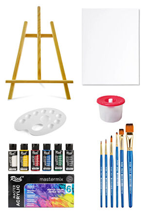 Mastermix Akrilik Boya Seti 60 Cc 6 Ana Renk Masaüstü Şövale Seti Tuval Seti 35x50 Tuval Boyama Seti