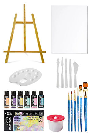 Mastermix Akrilik Boya Seti 6 Pastel Renk Masaüstü Şövale Seti Tuval Seti 35x50 Plastik Spatül Seti