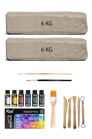 Beyaz Seramik Hamuru 12 Kg Master Mix Akrilik Set Ana Renk 6lı 60cc Ebeşuar Seti Kil Çamur Seti