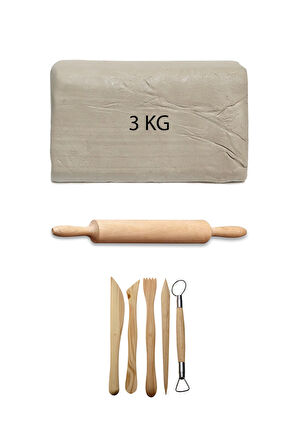 Beyaz Seramik Hamuru 3 Kg Ebeşuar Seti Ahşap Merdane Kil Seti Seramik Çamuru Seti