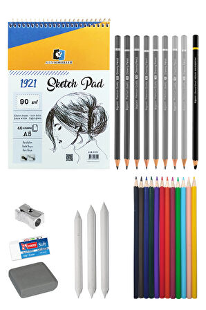 Alex Schoeller A5 Eskiz Defteri 90g Eskiz Seti Dereceli Kalem Seti Kuruboya Set Karakalem Çizim Seti