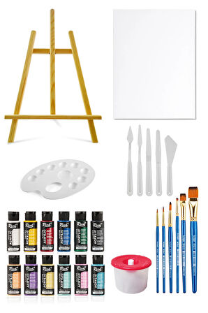 Mastermix Akrilik Boya Seti 6 Ana Renk 6 Pastel Renk Masaüstü Şövale Tuval Seti 35x50 Plastik Spatül