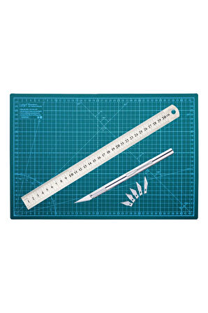 Acuto Çift Taraflı Kesim Altlığı A3 Kesim Matı Kretuar Bıçağı 5 Yedek Çelik Cetvel 30cm A3 Kesim Set
