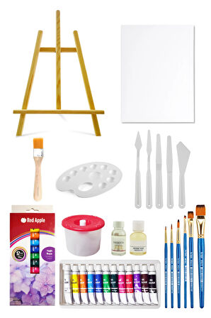 Mini Şövale Seti Tüp Yağlı Boya Seti 12'li Plastik Spatula Seti 25x35 Tuval Seti